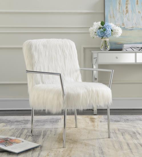 Faux Sheepskin Upholstered Accent Chair with Metal Arm White