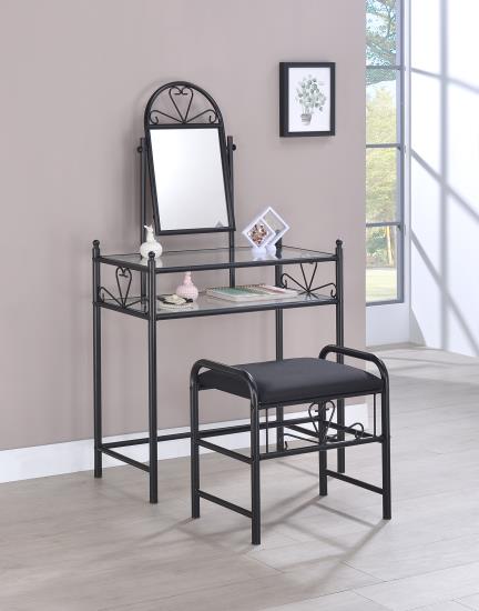 Agatha 2-piece Metal Vanity Set with Glass Top Black