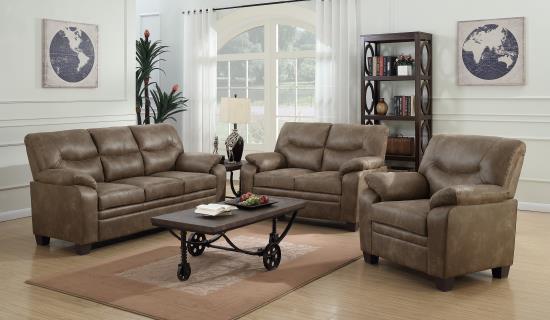 Meagan Upholstered Sofa Brown with Pillow Top Arms