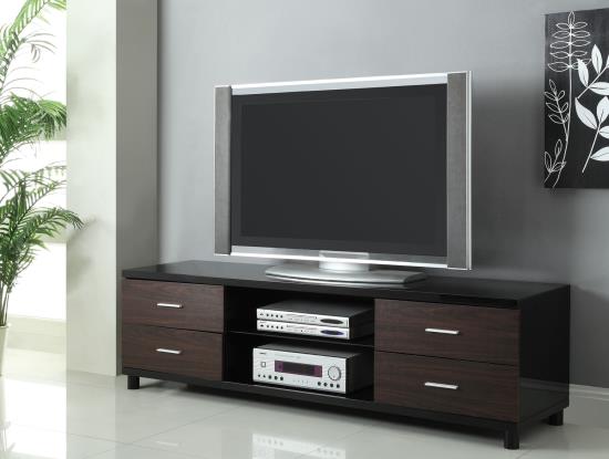 Caleb 4-drawer TV Console Glossy Black and Walnut