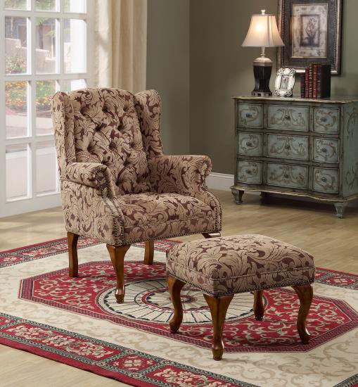 Abigail Tufted Back Accent Chair and Ottoman Light Brown and Burgundy